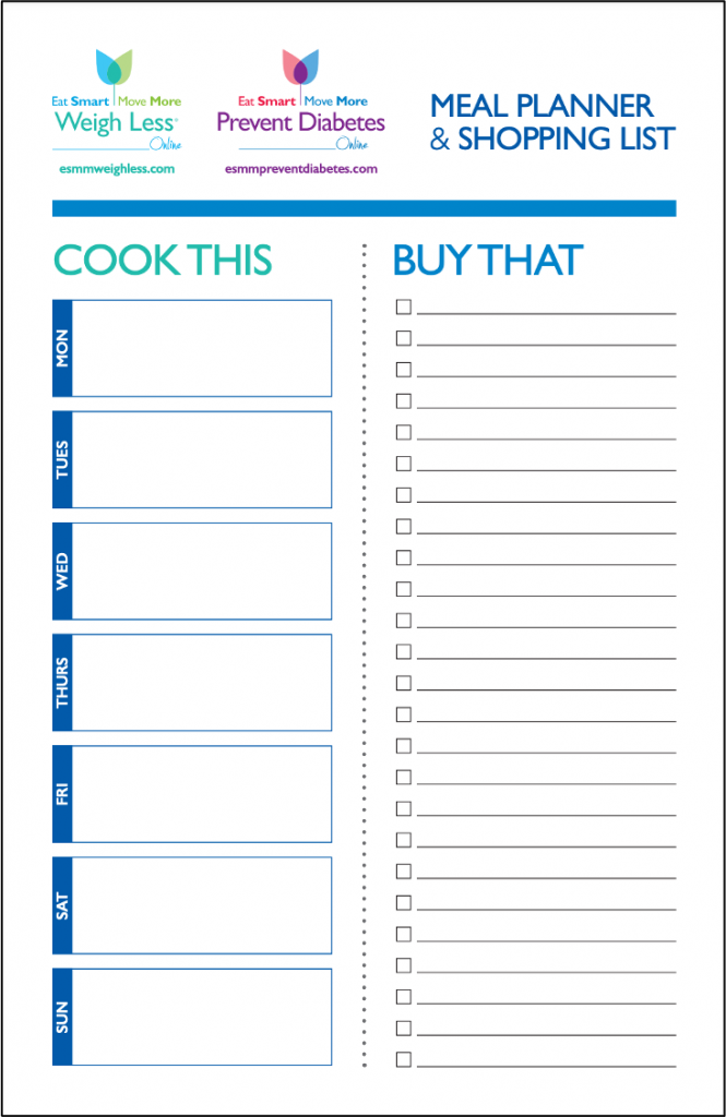 Example of the downloadable Cook This, Buy That meal planner and shopping list.