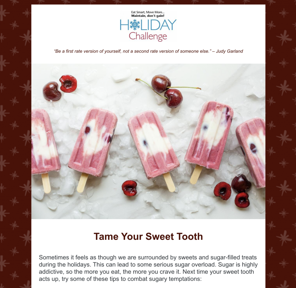 Image shows an example of a Holiday Challenge daily tip email.
