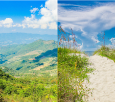 The left side of the pictures shows a sunny NC mountain landscape and the right side shows a sunny dune beach path