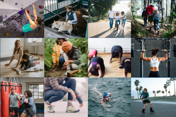 Collage image of 4 images long by 3 images wide depicting people engaging in different levels and types of physical activity