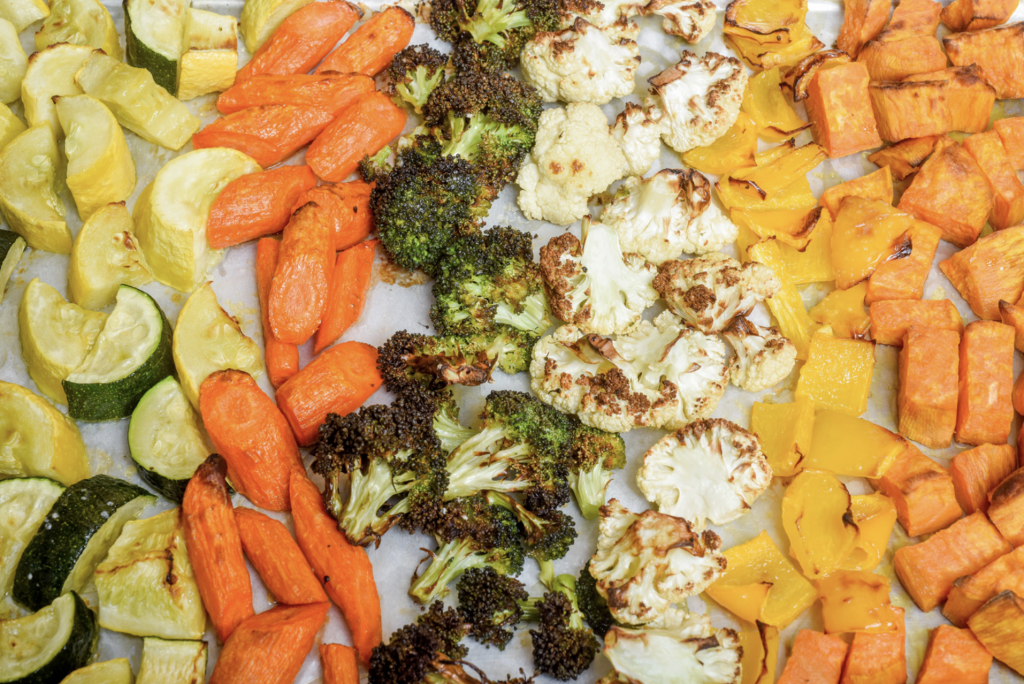 Colorful vegetables roasted on a sheet pan
