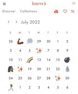 July 2022 calendar with fun icons on each day of the month that an exercise class was completed.