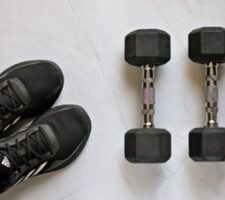 Tennis shoes and dumbbell weights