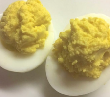 Deviled egg halves made using olive oil